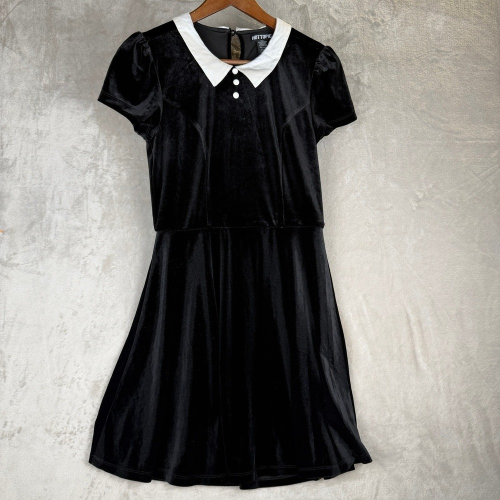 Goth Womens Black Velvet Wednesday Addams Skater Dress Peter Pan Collar SM